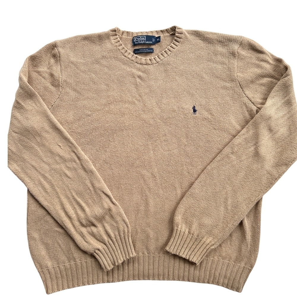 Polo Ralph Lauren Sweater Men XL Tan Beige Cotton Crewneck Knit Excellent